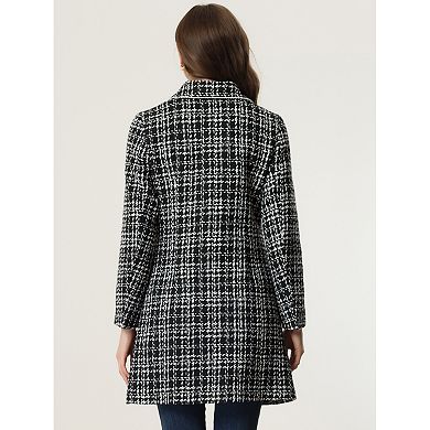 Women's Plaid Tweed Button Doll Collar Winter Elegant Long Coat