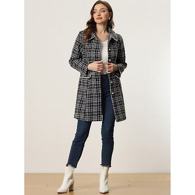 Women's Plaid Tweed Button Doll Collar Winter Elegant Long Coat