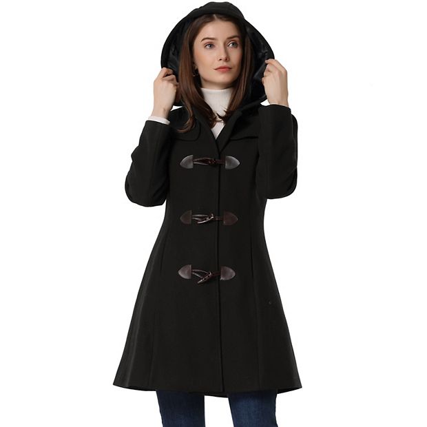 Women s Hooded Toggle Button Up Duffle Coat Winter Outwear