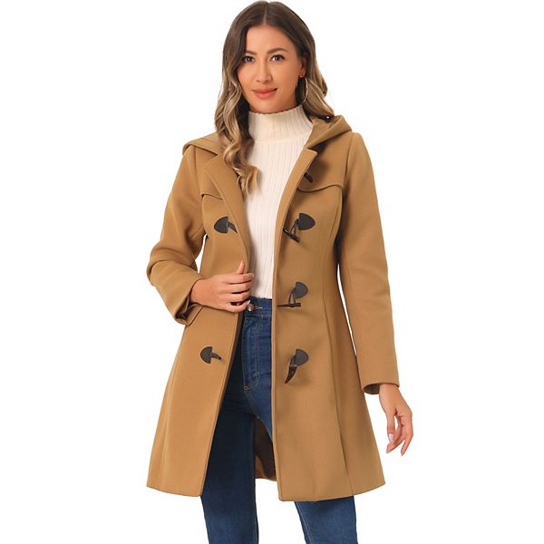 Women's Hooded Toggle Button Up Duffle Coat Winter Outwear