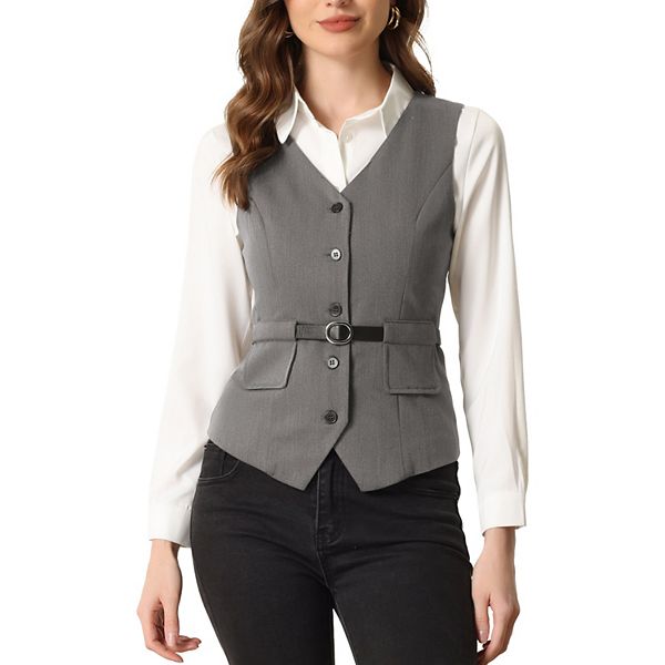 Button Front Closure Vest for Women V Neck Belted Pockets