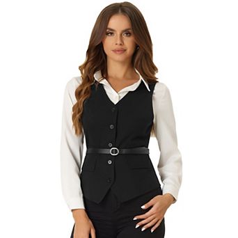 Button Front Closure Vest for Women V Neck Belted Pockets