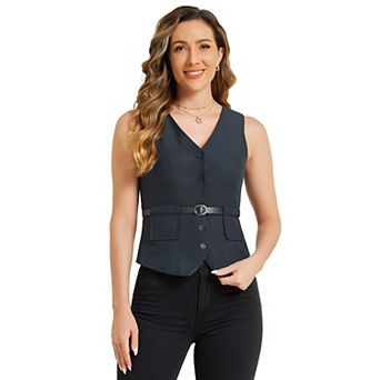 Button Front Closure Vest for Women V Neck Belted Pockets