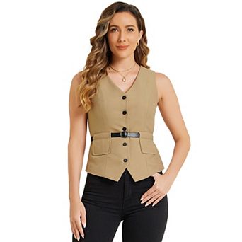 Button Front Closure Vest for Women V Neck Belted Pockets