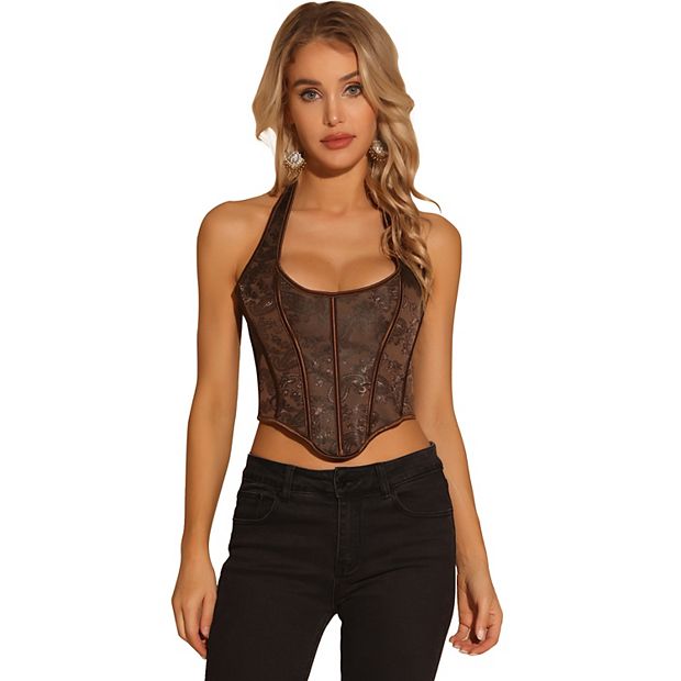 Women's Halter Corset Vintage Paisley Lace Up Boned Crop Tops