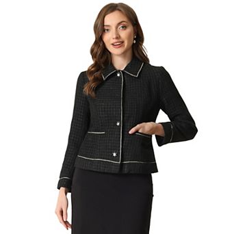 Women's Plaid Long Sleeve Vintage Outerwear Blazer Work Short Tweed Jacket Coat