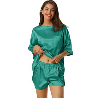 Womens Pajama Set 2 pc Lounge Satin Set Shorts and Short Sleeves T-Shirt with Pockets