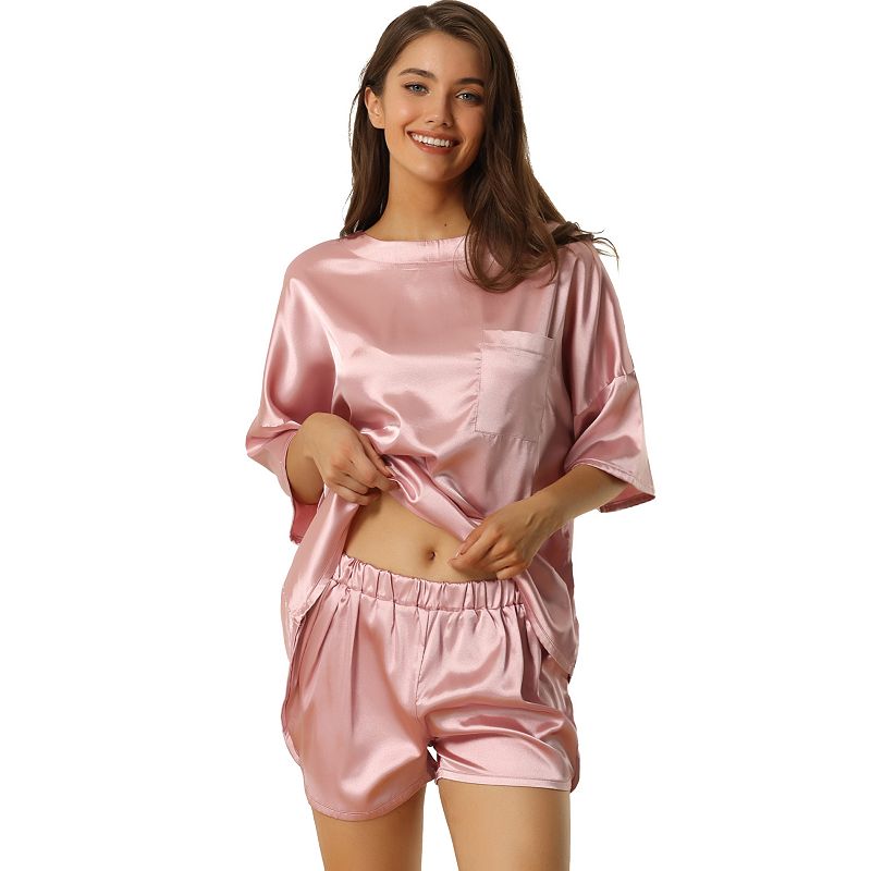 Allegra K Women's Lace Cami Shorts V Neck Camisole Satin Pajamas Set Pink X  Large