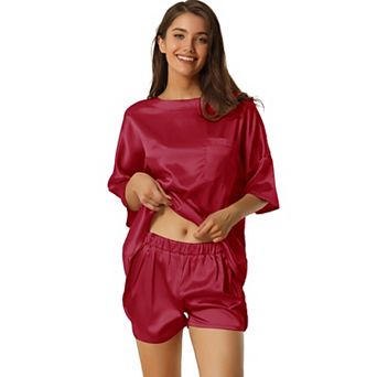 Womens Pajama Set 2 pc Lounge Satin Set Shorts and Short Sleeves T-Shirt with Pockets