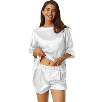 Womens Pajama Set 2 pc Lounge Satin Set Shorts and Short Sleeves T-Shirt with Pockets