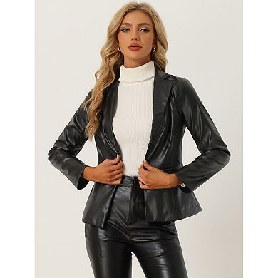 Women's Faux Leather Jacket Notched Lapel Single-Breasted Blazer Coat