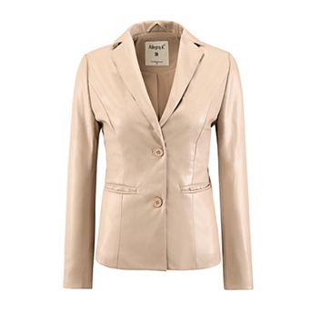 Women's Faux Leather Jacket Notched Lapel Single-Breasted Blazer Coat