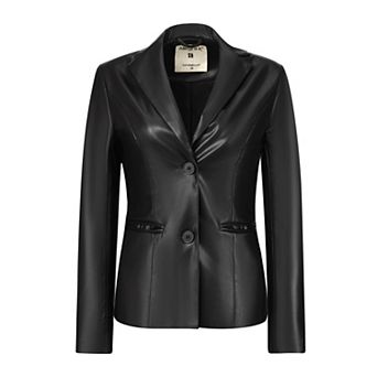 Women's Faux Leather Jacket Notched Lapel Single-Breasted Blazer Coat