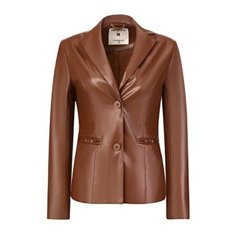 Women's Faux Leather Jacket Notched Lapel Single-Breasted Blazer Coat