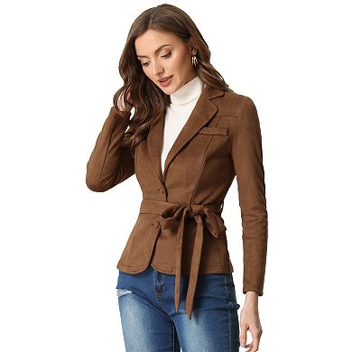Faux Suede Blazer For Women's Notched Lapel Collar Casual Jackets With Belt