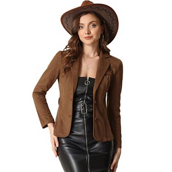 Faux Suede Blazer For Women's Notched Lapel Collar Casual Jackets With Belt