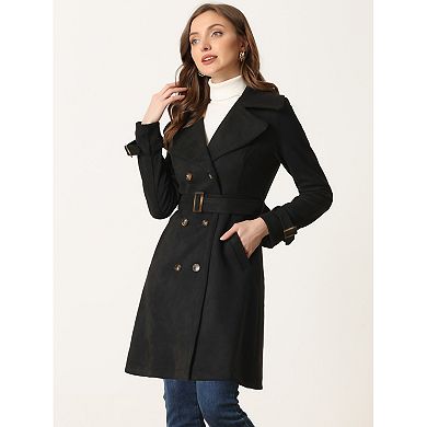 Women's Faux Suede Notched Lapel Strap Cuff Solid Double Breasted Tie Belt Trench Coat