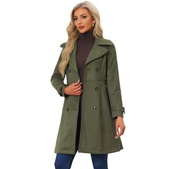 Women's Faux Suede Notched Lapel Strap Cuff Solid Double Breasted Tie Belt Trench Coat