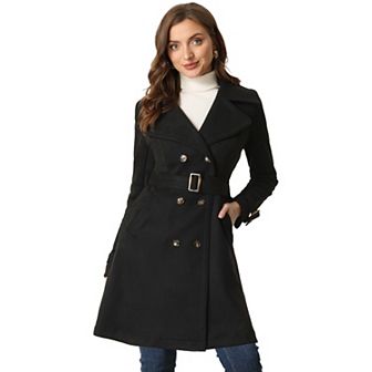 Women's Faux Suede Notched Lapel Strap Cuff Solid Double Breasted Tie Belt Trench Coat