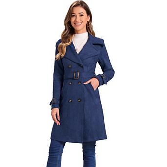 Women's Faux Suede Notched Lapel Strap Cuff Solid Double Breasted Tie Belt Trench Coat