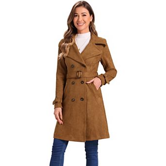 Women's Faux Suede Notched Lapel Strap Cuff Solid Double Breasted Tie Belt Trench Coat