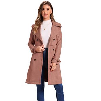 Women's Faux Suede Notched Lapel Strap Cuff Solid Double Breasted Tie Belt Trench Coat