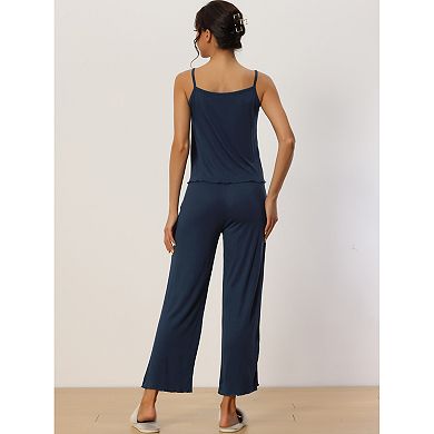 Womens 3 Pcs Sleepwear Solid Color Long Sleeve Tops Cami and Pants Pajama Set