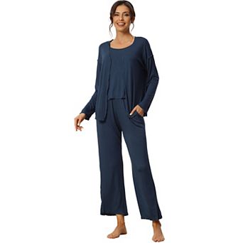 Womens 3 pc Sleepwear Solid Color Long Sleeve Tops Cami and Pants Pajama Set