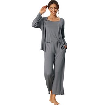 Womens 3 pc Sleepwear Solid Color Long Sleeve Tops Cami and Pants Pajama Set