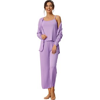 Womens 3 pc Sleepwear Solid Color Long Sleeve Tops Cami and Pants Pajama Set
