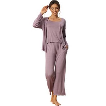 Womens 3 pc Sleepwear Solid Color Long Sleeve Tops Cami and Pants Pajama Set