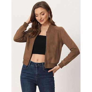 Faux Suede Cropped Coat for Women's Stand Collar Zip Up Biker Moto BomBer Jackets