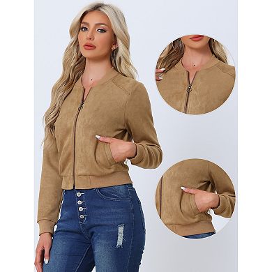 Faux Suede Cropped Coat for Women's Stand Collar Zip Up Biker Moto BomBer Jackets