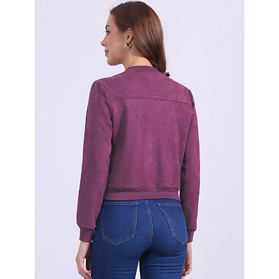 Faux Suede Cropped Coat for Women's Stand Collar Zip Up Biker Moto