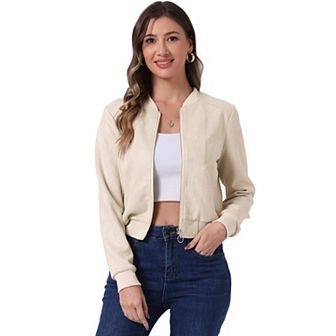 Faux Suede Cropped Coat for Women's Stand Collar Zip Up Biker Moto BomBer Jackets