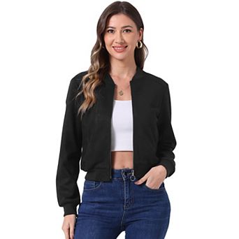 Faux Suede Cropped Coat for Women's Stand Collar Zip Up Biker Moto BomBer Jackets