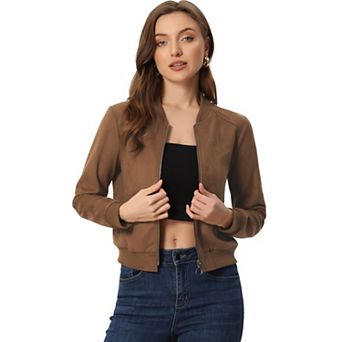 Faux Suede Cropped Coat for Women's Stand Collar Zip Up Biker Moto BomBer Jackets