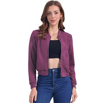 Faux Suede Cropped Coat for Women's Stand Collar Zip Up Biker Moto Bomber Jackets