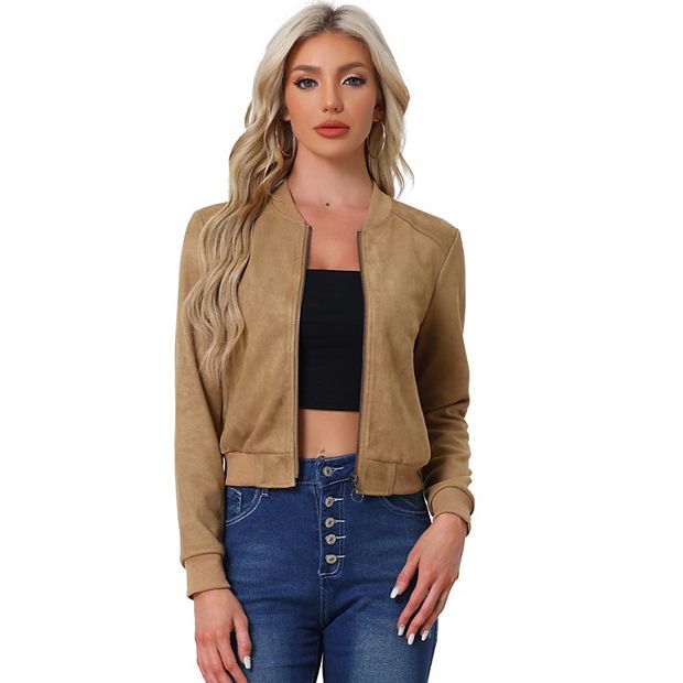 Faux Suede Cropped Coat for Women's Stand Collar Zip Up Biker Moto