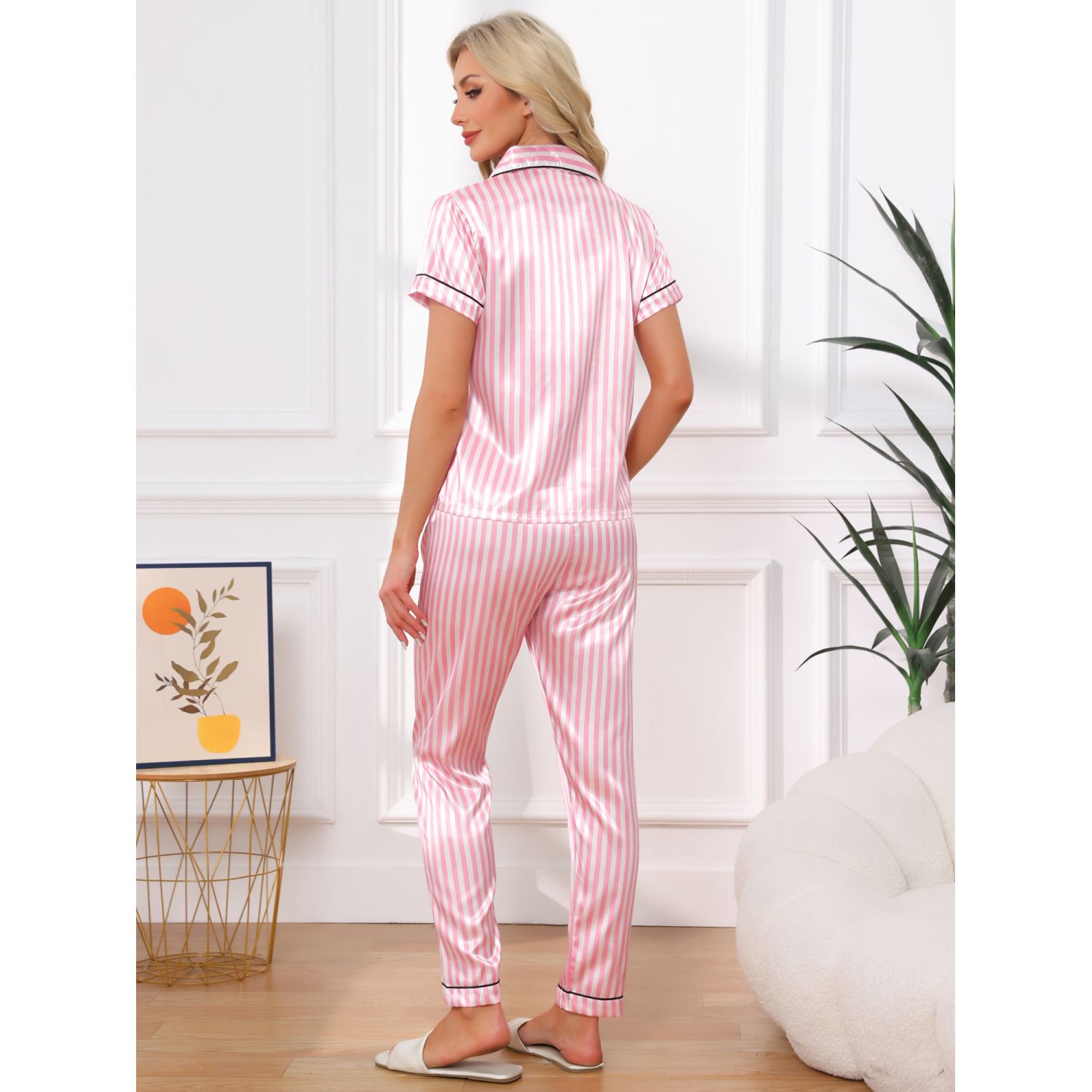 LYANER Women's Satin Pajama Set - Short Sleeve Top & Shorts, Silky Sleepwear For Lounge & Comfort - View #2