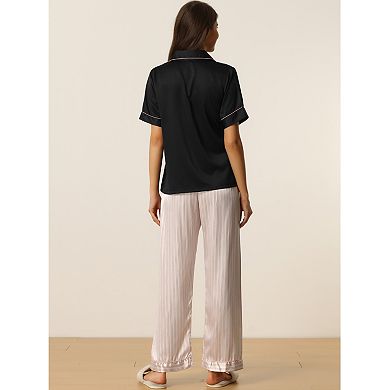 Womens Satin Sleepwear Button Down Short Sleeve With Loose Pants Silky Lounge Pajama Sets