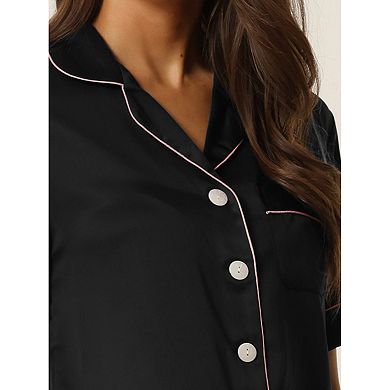 Womens Satin Sleepwear Button Down Short Sleeve With Loose Pants Silky Lounge Pajama Sets