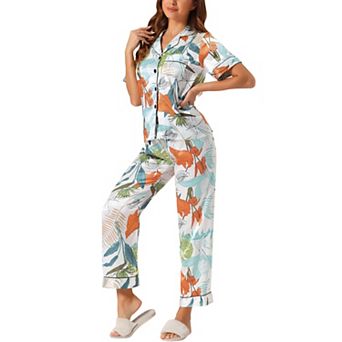 Womens Satin Sleepwear Button Down Short Sleeve with Loose Pants Silky Lounge Pajama Sets