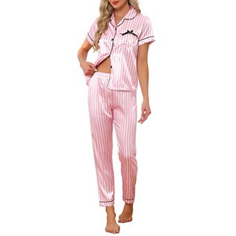 Womens Satin Sleepwear Button Down Short Sleeve With Loose Pants Silky Lounge Pajama Sets
