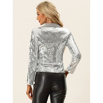 Sequin Jacket For Women's Contrast Collar Shiny Metallic Blazer