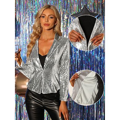 Sequin Jacket For Women's Contrast Collar Shiny Metallic Blazer