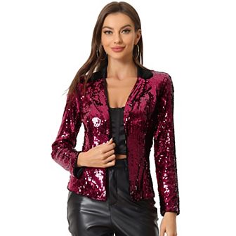 Sequin Jacket For Women's Contrast Collar Shiny Metallic Blazer