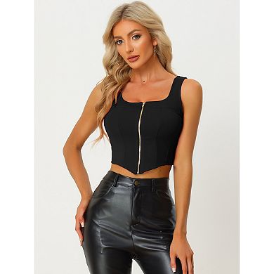 Women's Square Neck Asymmetrical Hem Zip Front Crop Cami Tank Tops