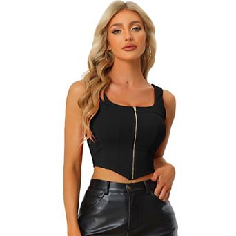 Women's Square Neck Asymmetrical Hem Zip Front Crop Cami Tank Tops