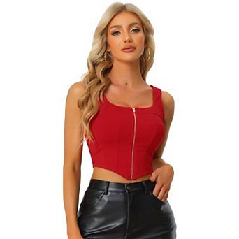 Women's Square Neck Asymmetrical Hem Zip Front Crop Cami Tank Tops